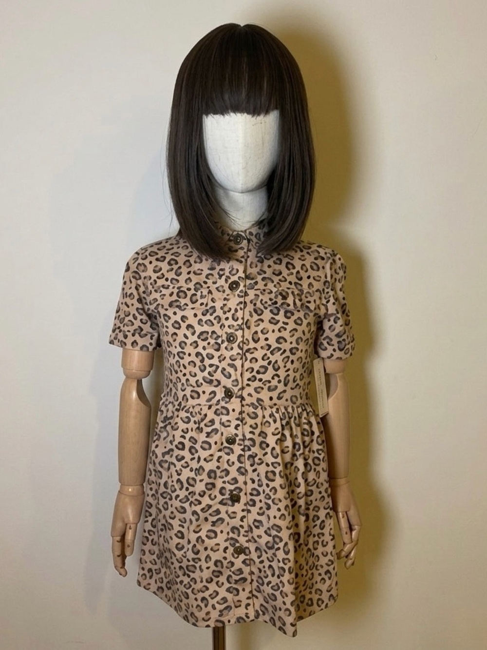 Girls' Leopard Print Short Sleeve Button-Front Dress - Brown Beige